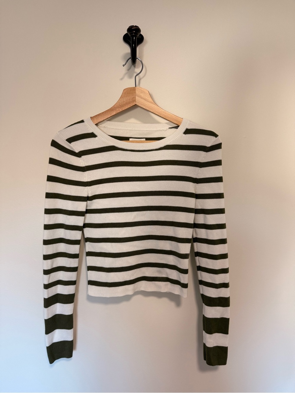 Anthropologie Olive & White Striped Long-Sleeve Crewneck
